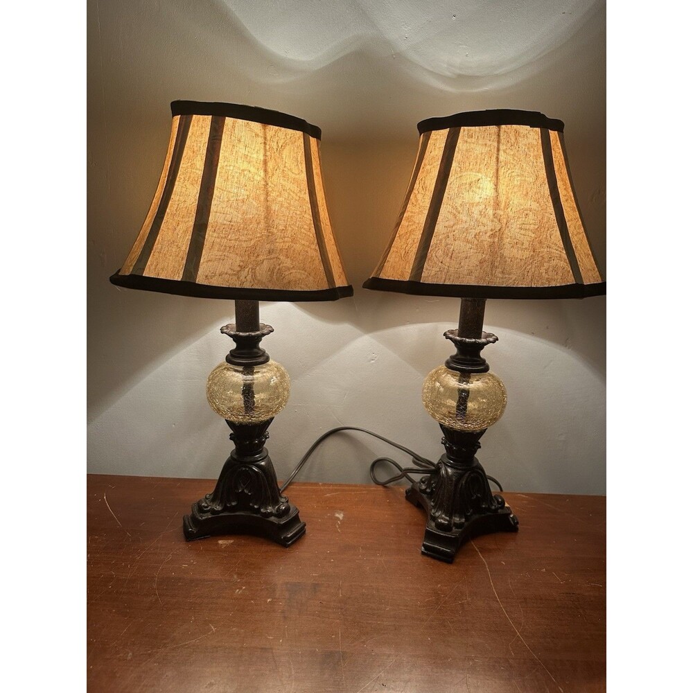Set of 2 Table Lamp Ornate Base with Crackle Glass Globe With Shades READ